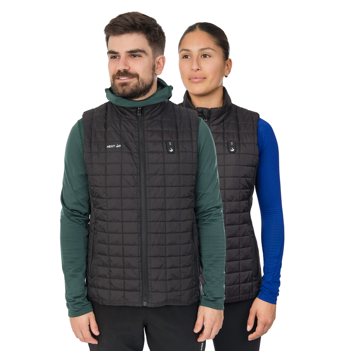 Homme et femme portant la veste chauffante Heat Up, vue de face sur fond blanc
