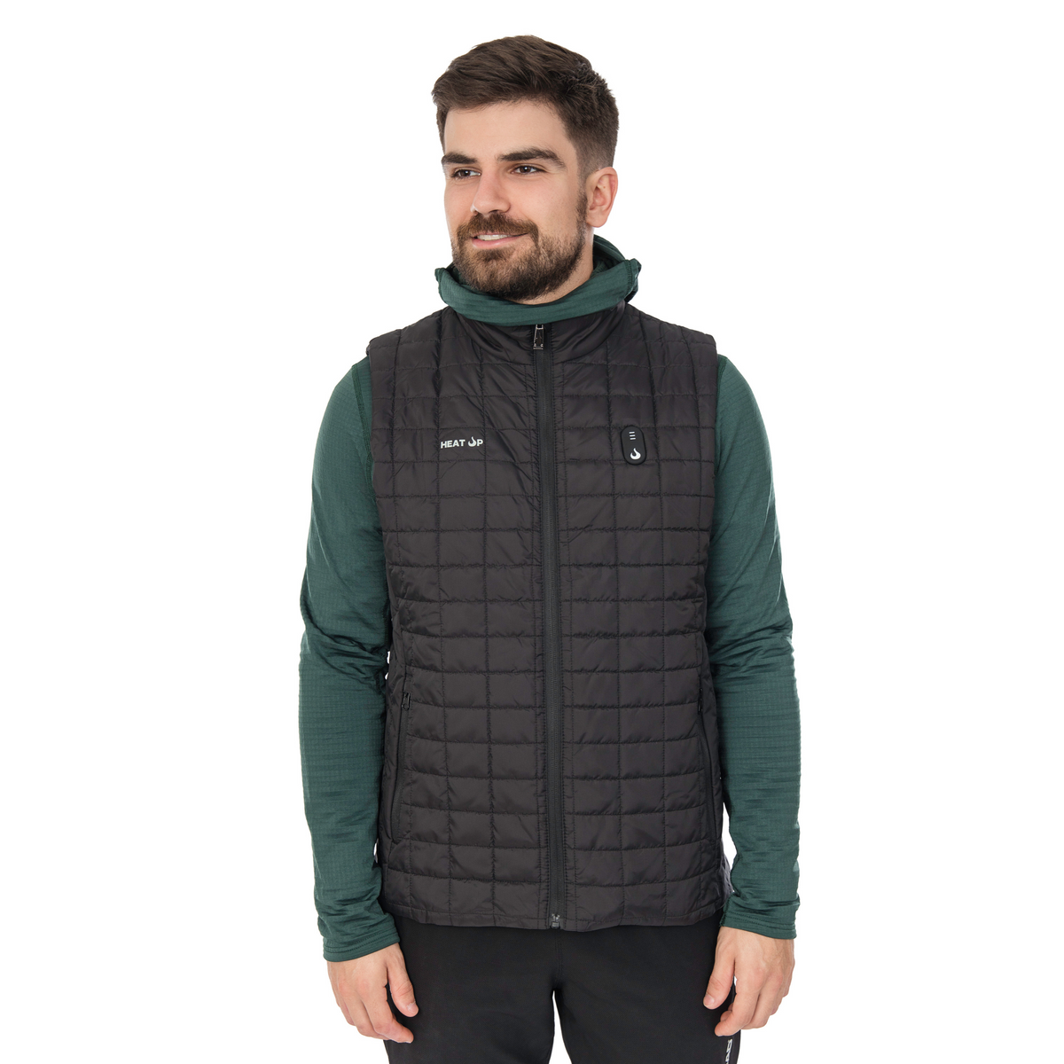 Homme portant la veste chauffante Heat Up, vue de face sur fond blanc