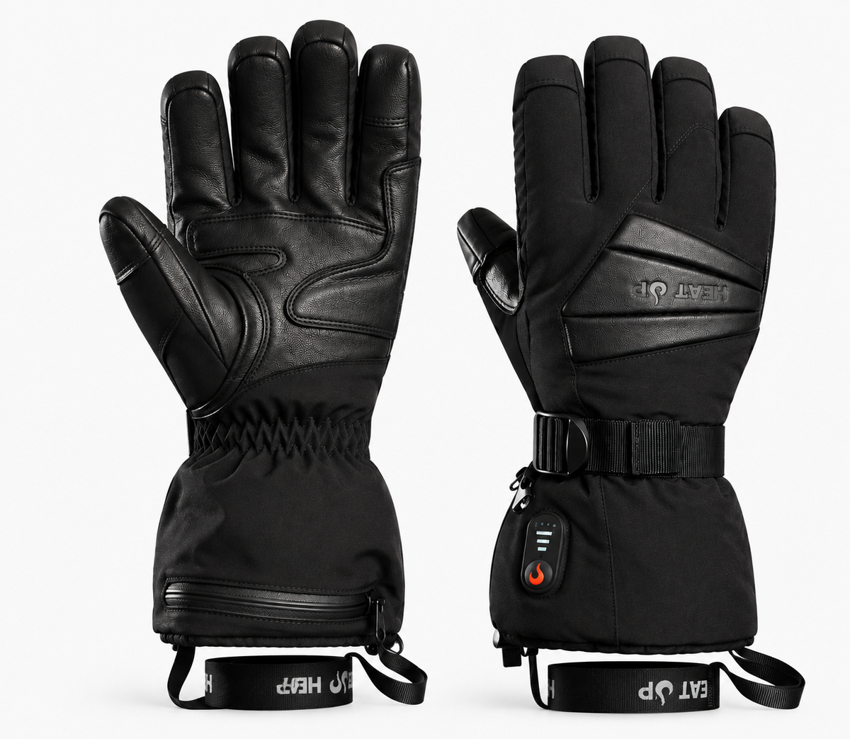 Heat Up Peak heated gloves, leather palm and back of hand with wrist leashes, on white background