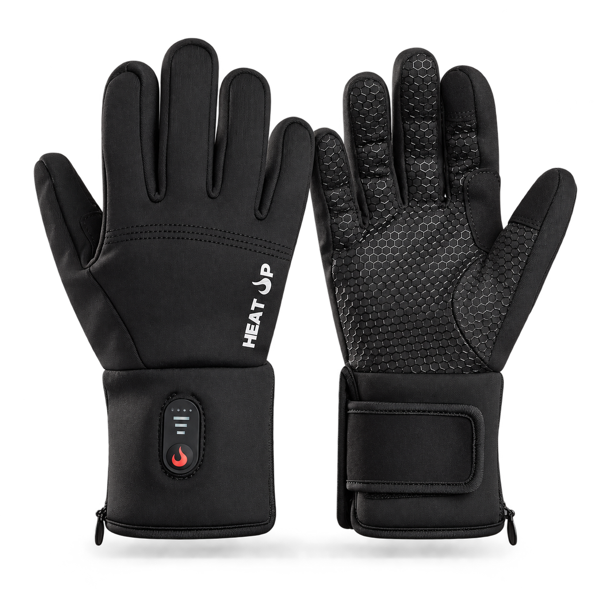Heat Up Active heated gloves, back of hand with heat button and silicone grip palm, on dark grey background