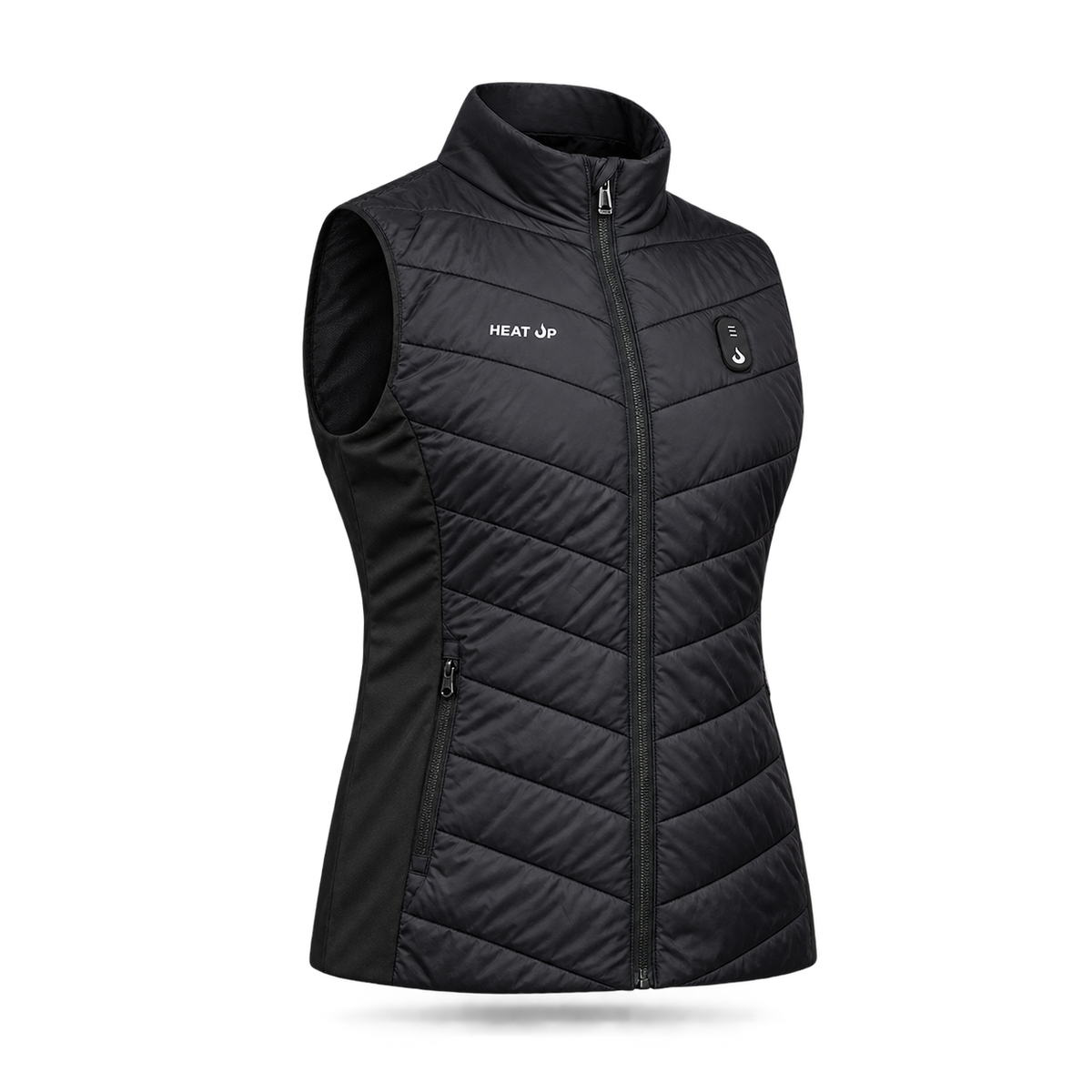 Heat Up women's heated vest, quilted black, front three-quarter view on dark grey background
