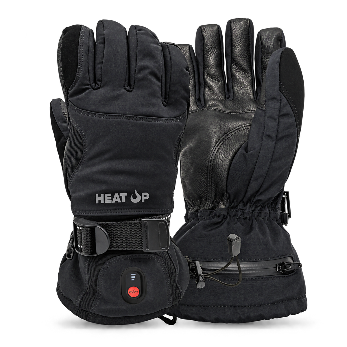 Heat Up Mountain heated gloves, back of hand and leather palm, on dark grey background