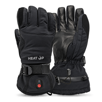 Heat Up Mountain heated gloves, back of hand and leather palm, on dark grey background