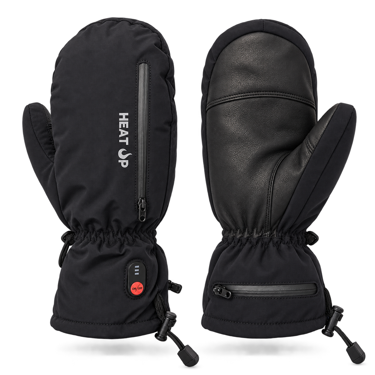 Mitaines chauffantes Mountain Heat Up, dessus avec poche à batterie zippée et bouton de chaleur, paume en cuir, sur fond blanc