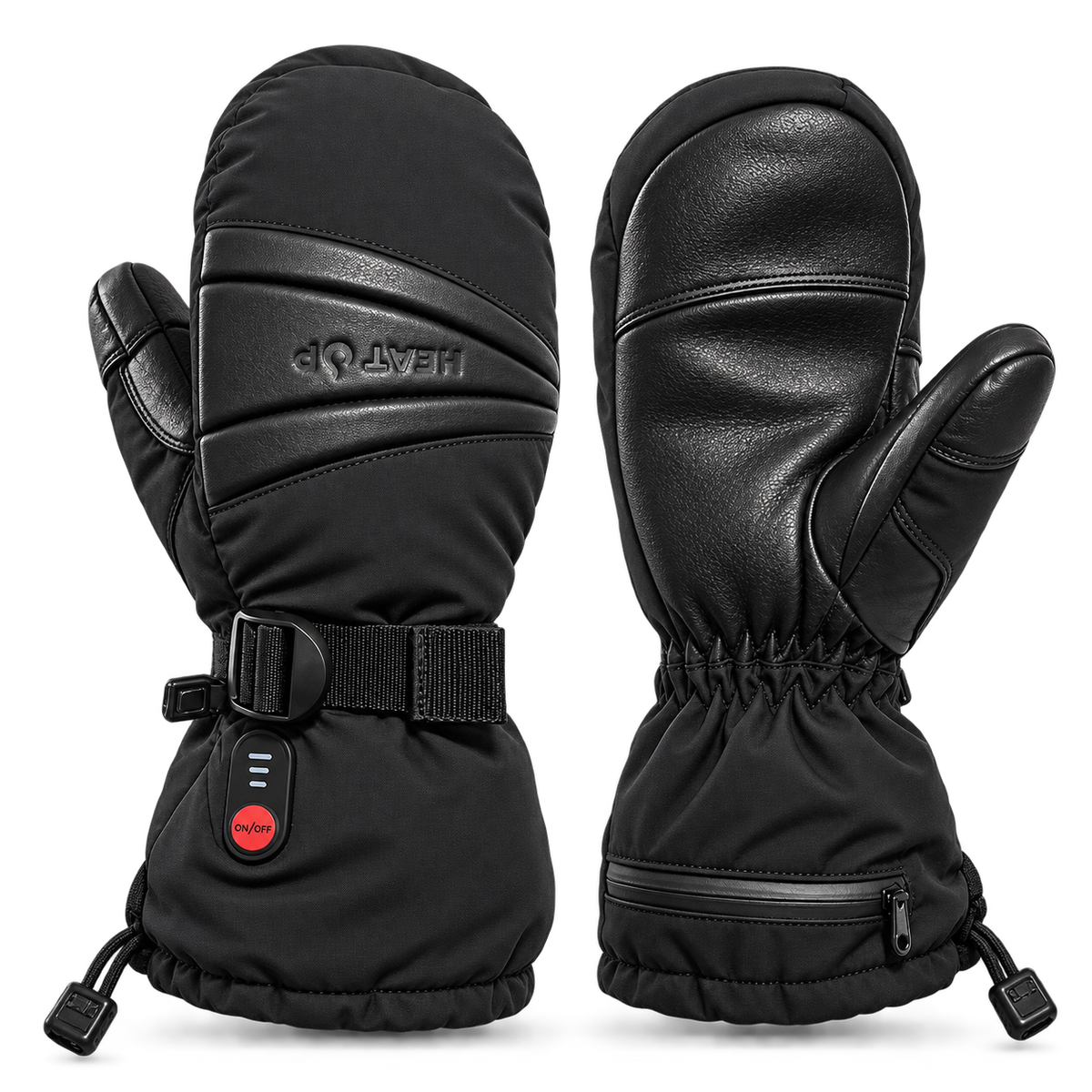 Mitaines chauffantes Peak Heat Up, dessus avec sangle et bouton de chaleur, paume en cuir, sur fond gris foncé