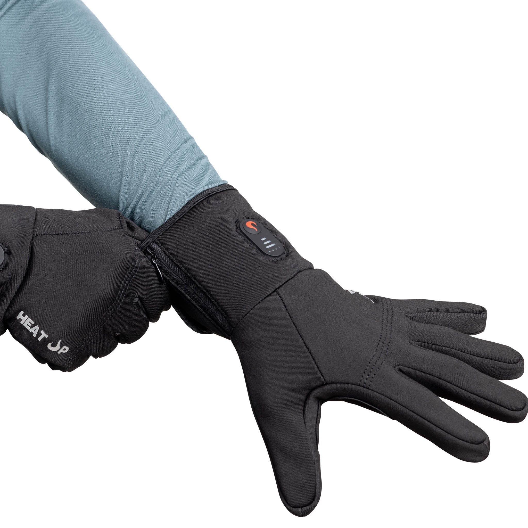 Black heated gloves with visible brand logo on a white background