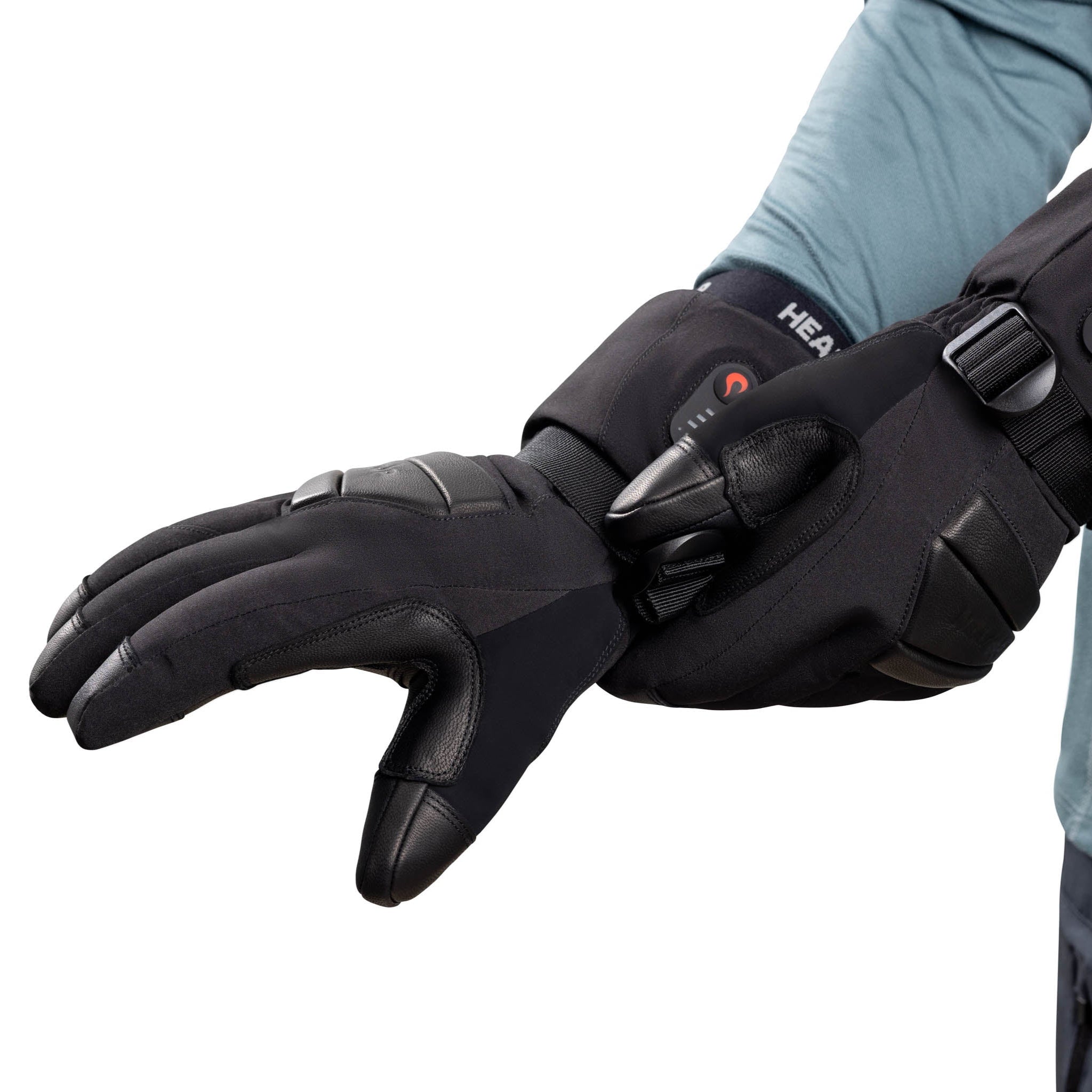 Black gloves with electronic components on a white background