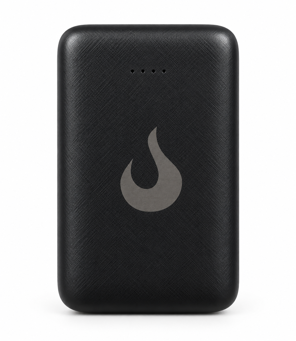 Heat Up black power bank with flame logo, front view on white background