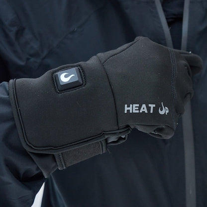 Black glove with 'HEAT' branding held by a person wearing a black jacket with 'ULTIMATE DIRECTION' branding.
