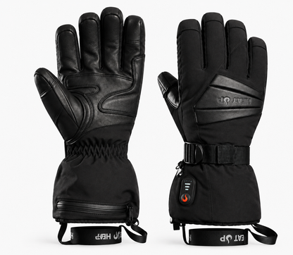 Heat Up Peak heated gloves, leather palm and back of hand with wrist leashes, on white background