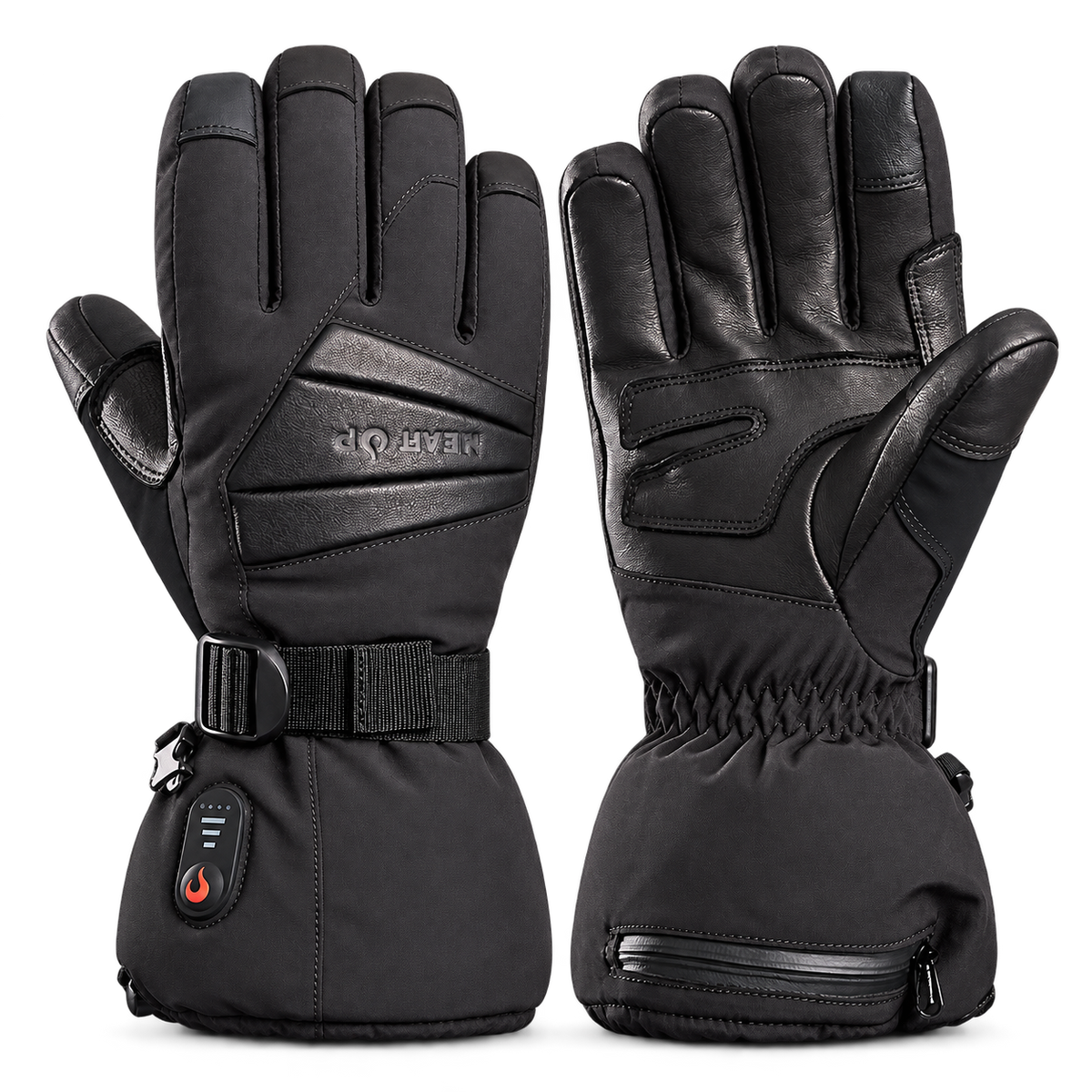 Heat Up Peak heated gloves, back of hand with cuff strap and heat button, leather palm, on dark grey background