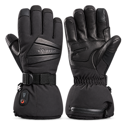 Heat Up Peak heated gloves, back of hand with cuff strap and heat button, leather palm, on dark grey background
