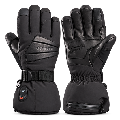 Heat Up Peak heated gloves, back of hand with cuff strap and heat button, leather palm, on dark grey background