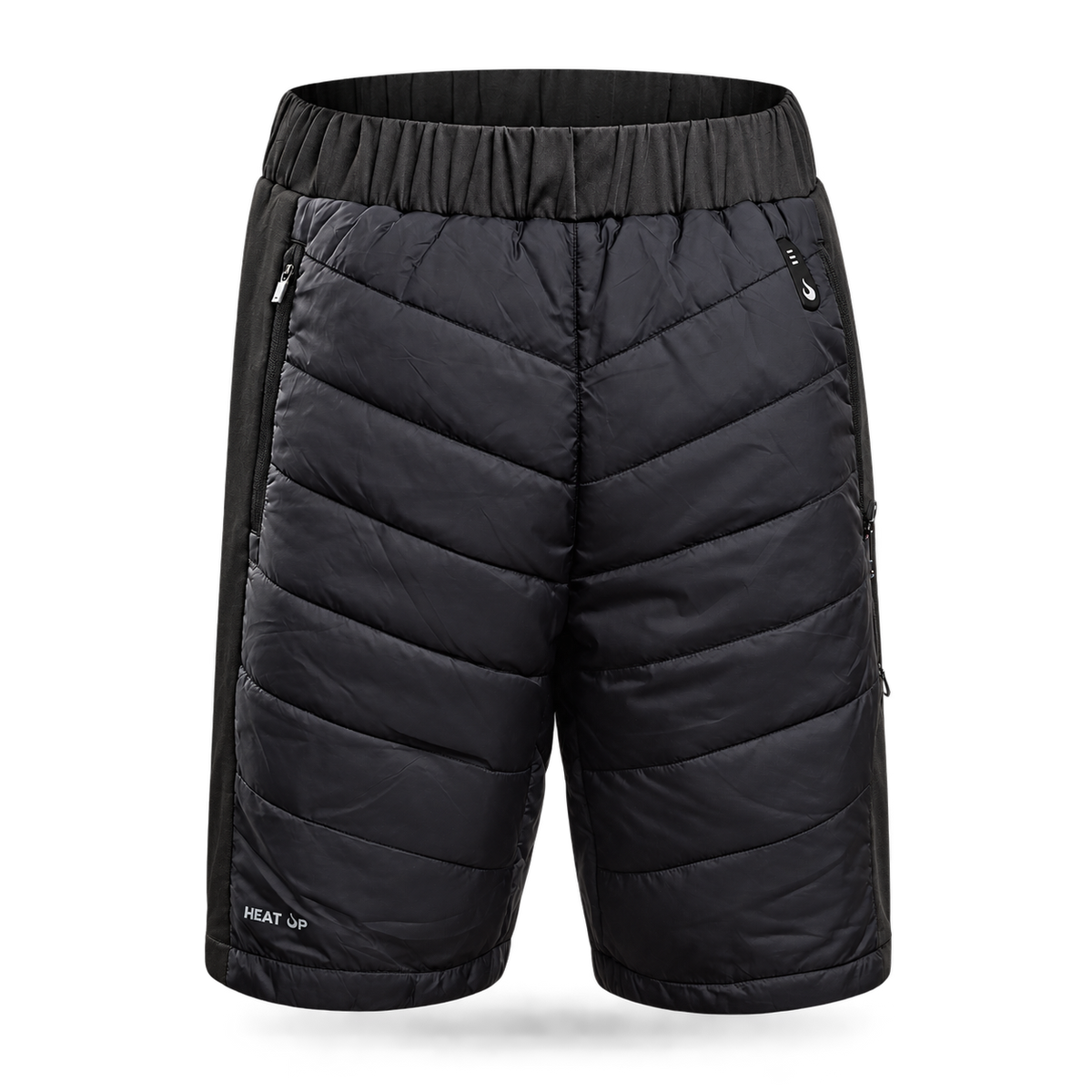 Bermuda chauffant Heat Up, noir matelassé avec taille élastique et poches zippées, vue de face sur fond gris foncé
