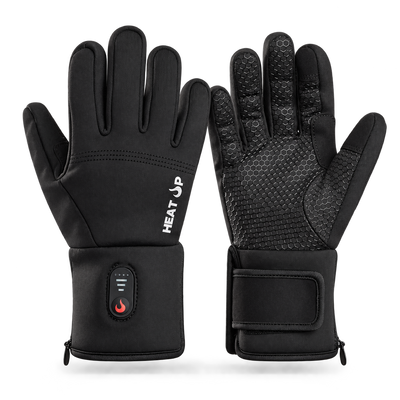 Heat Up Active heated gloves, back of hand with heat button and silicone grip palm, on dark grey background