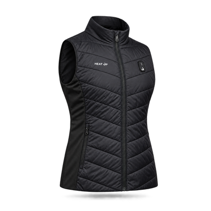 Heat Up women's heated vest, quilted black, front three-quarter view on dark grey background