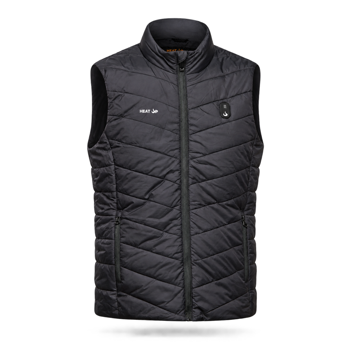 Heat Up men's heated vest, quilted black, front view on dark grey background