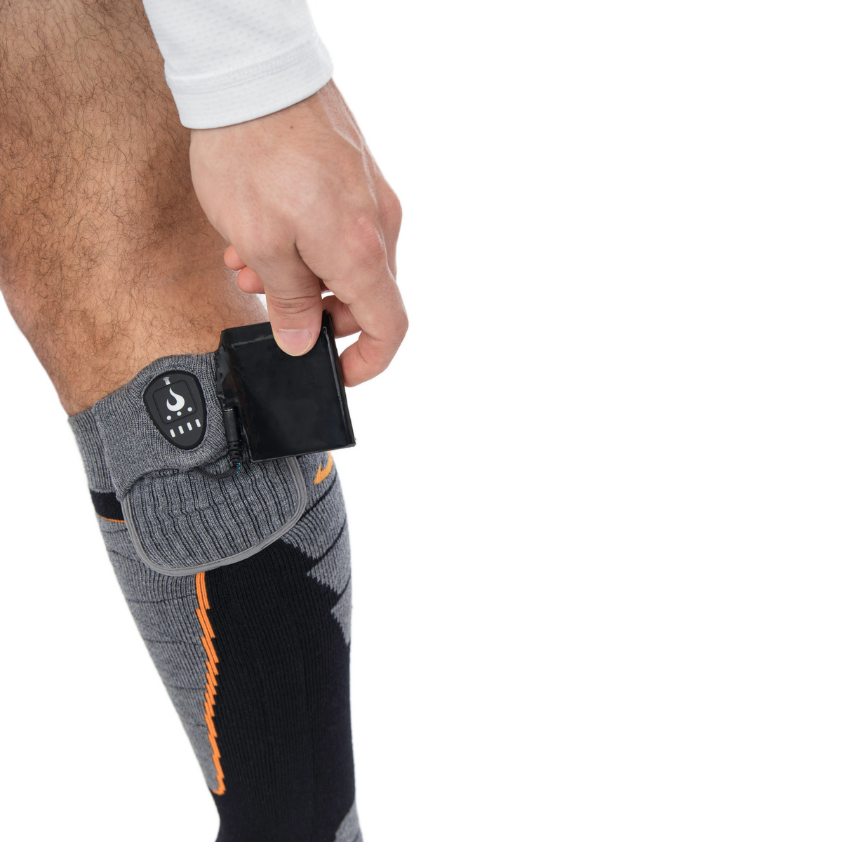 Merino Wool+ Heated Socks – Midweight wear battery plugged close up