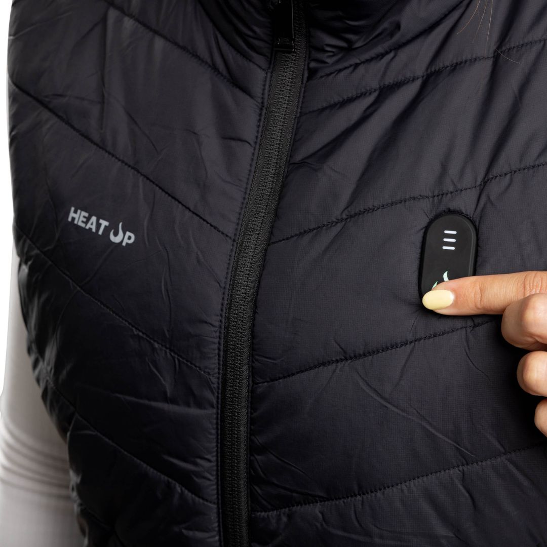 Women’s Heated Vest – Mountain Series on/off intensity volume button close up