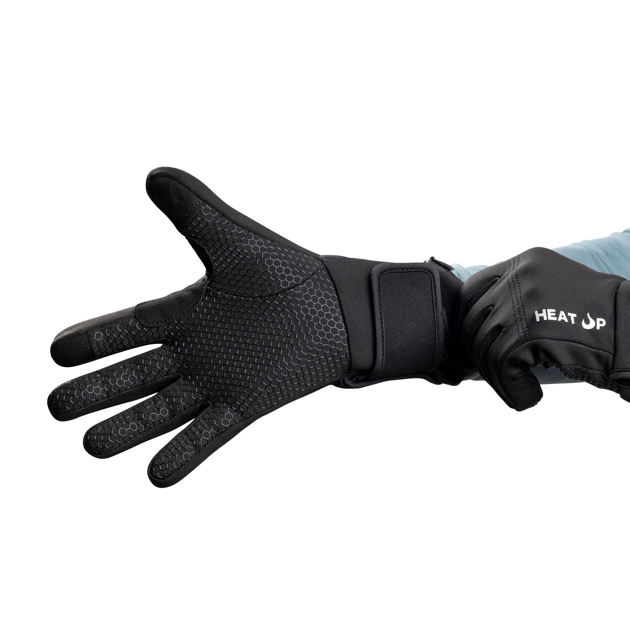 Person wearing black gloves with 'Heat Up' branding on a white background