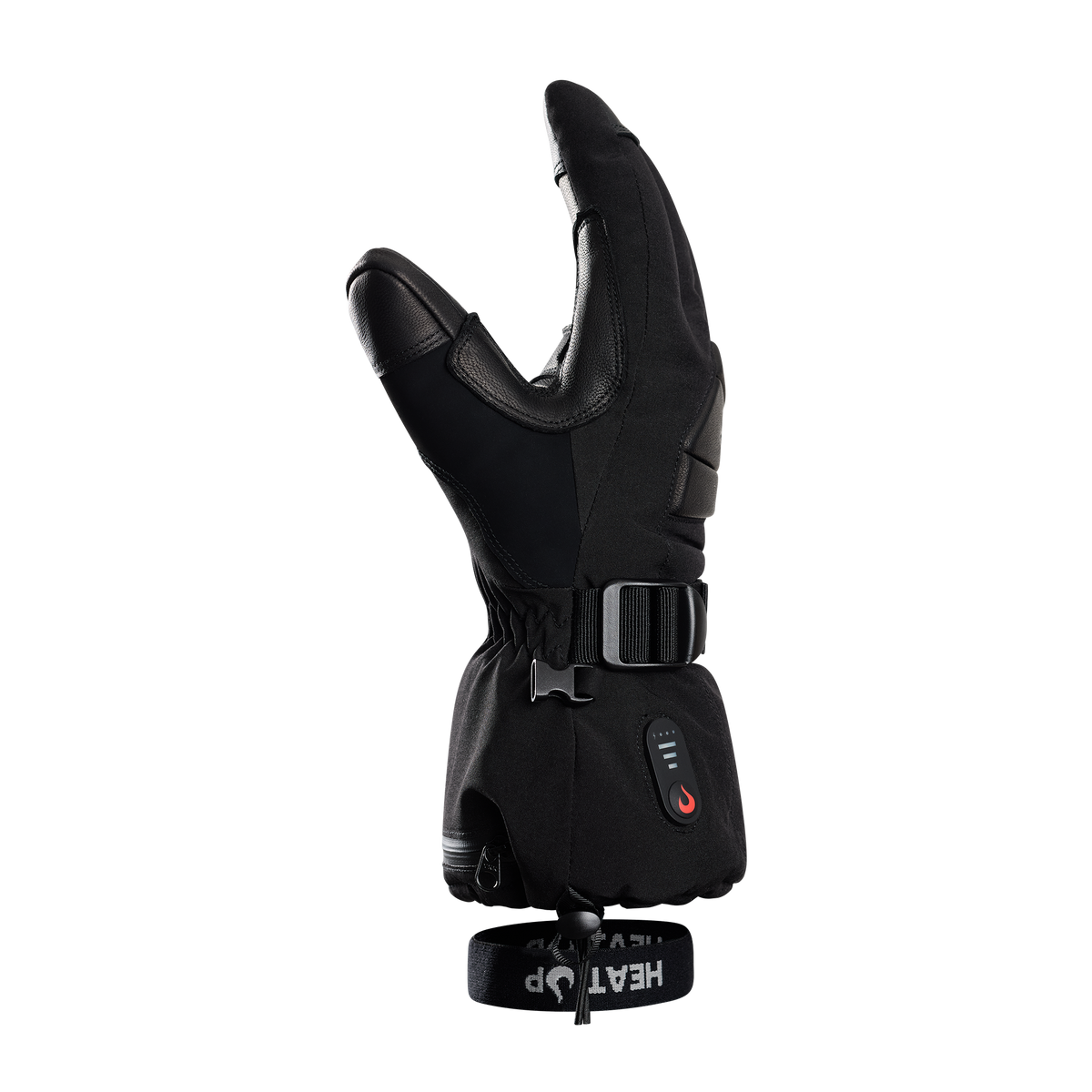 Side view of a Heat Up Peak heated glove showing the thumb and cuff buckle