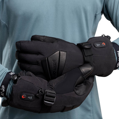 Heat Up Peak heated gloves worn on both hands, leather palm and cuff buckle visible