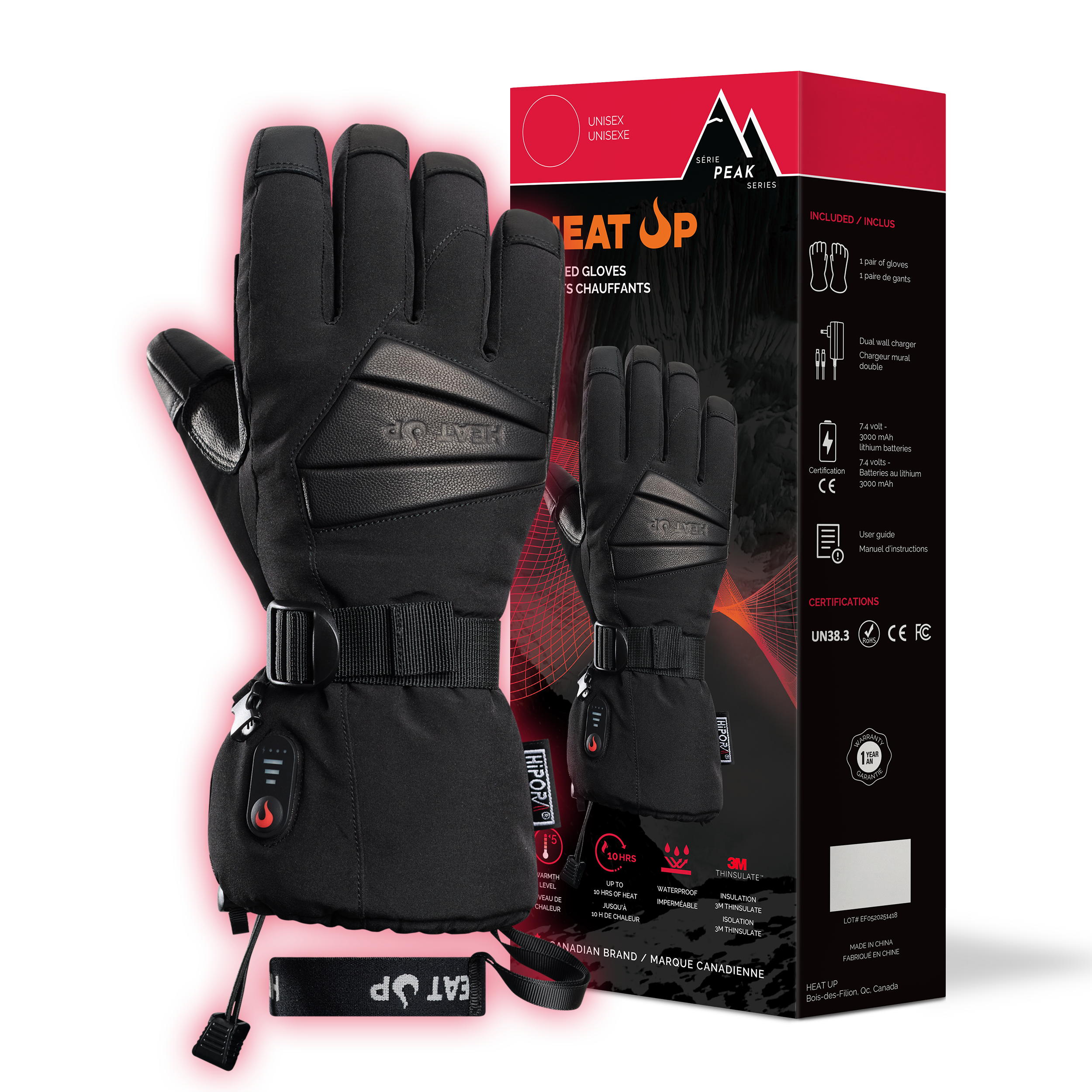 Black heated gloves with a charging cable and packaging on a white background