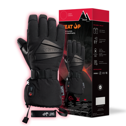 Black heated gloves with a charging cable and packaging on a white background